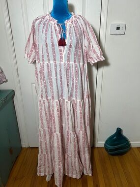 OLIPHANT Cotton White Red Maxi Dress With Pockets Women’s Small